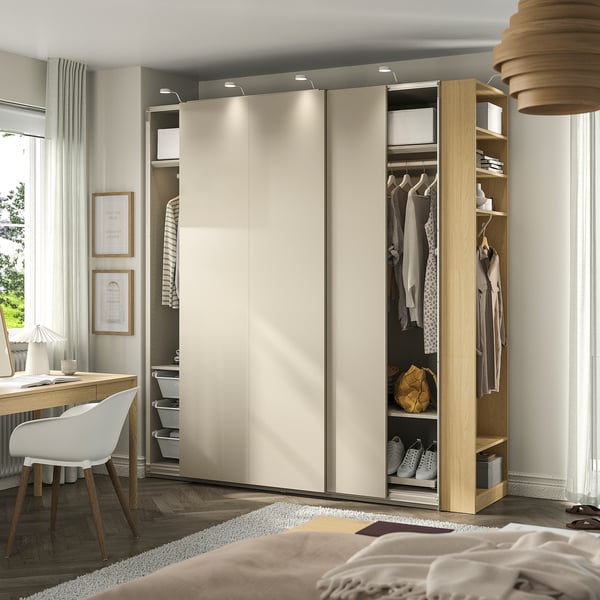PAX / HASVIK Kleiderschrank mit Schiebetüren, graubeige graubeige/Eichenachbildung, 220x66x236 cm