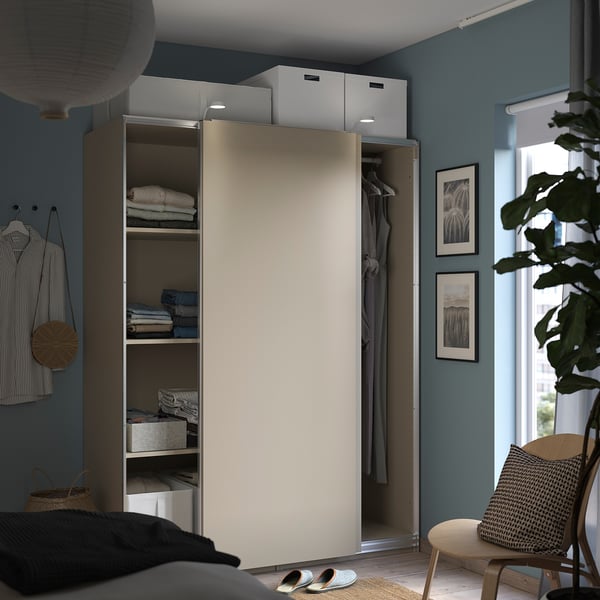 PAX / HASVIK Kleiderschrank mit Schiebetüren, graubeige/graubeige, 150x66x201 cm