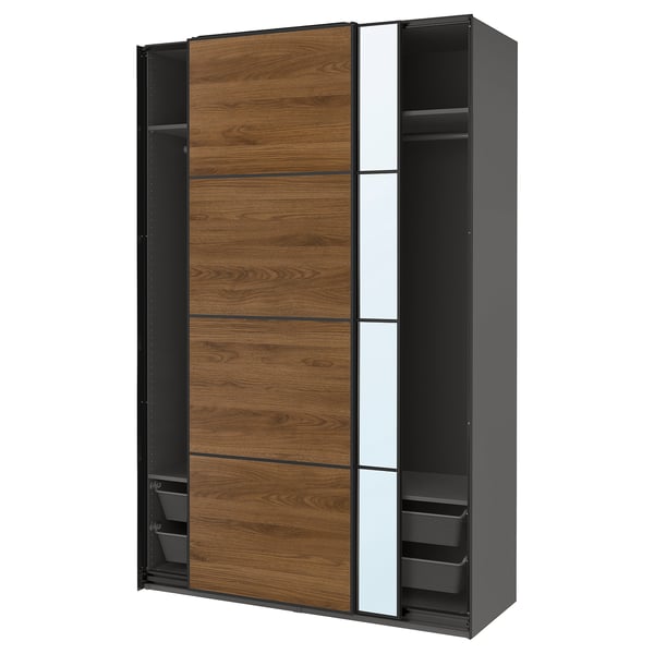 PAX / MEHAMN/AULI Kleiderschrank mit Schiebetüren, dunkelgrau schwarz/Nussbaum Spiegelglas, 150x66x236 cm