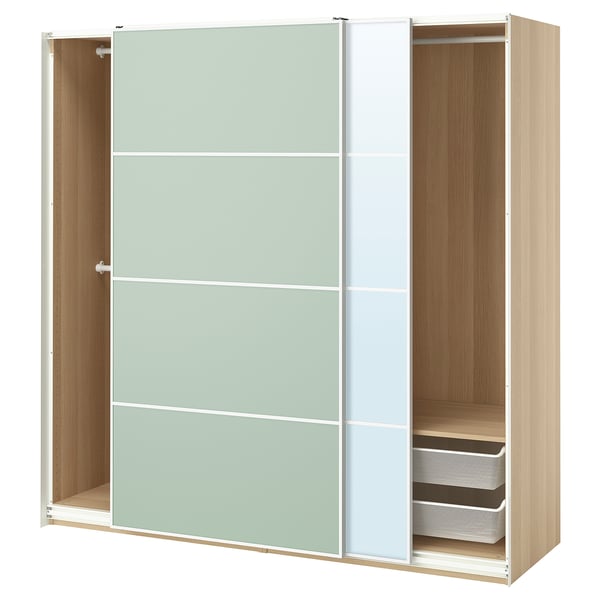 PAX / MEHAMN/AULI Kleiderschrank mit Schiebetüren, Eicheneff wlas doppelseitig/hellgrün Spiegelglas, 200x66x201 cm
