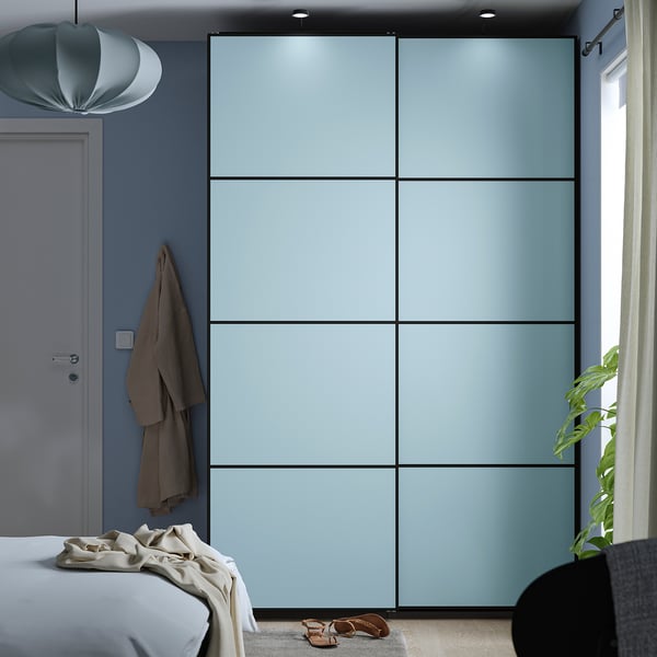 PAX / MEHAMN Kleiderschrank mit Schiebetüren, dunkelgrau/doppelseitig hellblau, 150x66x236 cm
