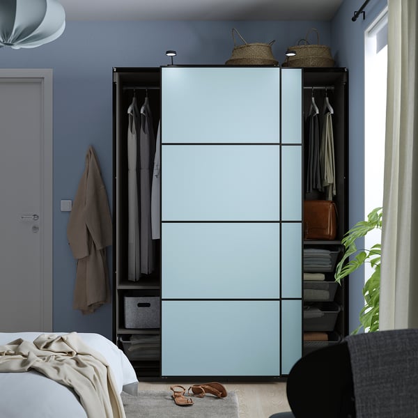 PAX / MEHAMN Kleiderschrank mit Schiebetüren, dunkelgrau/doppelseitig hellblau, 150x66x201 cm