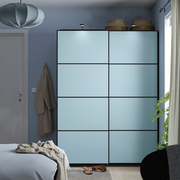 PAX / MEHAMN Kleiderschrank mit Schiebetüren, dunkelgrau/doppelseitig hellblau, 150x66x201 cm