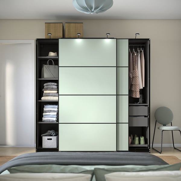 PAX / MEHAMN Kleiderschrank mit Schiebetüren, dunkelgrau/doppelseitig hellgrün, 200x66x201 cm
