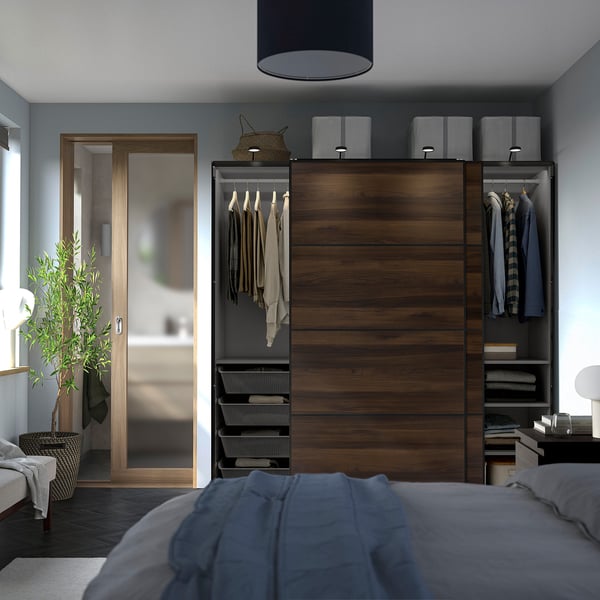 PAX / MEHAMN Kleiderschrank mit Schiebetüren, dunkelgrau schwarz/doppelseitig Eichenachbildung dunkelbraun, 200x66x201 cm
