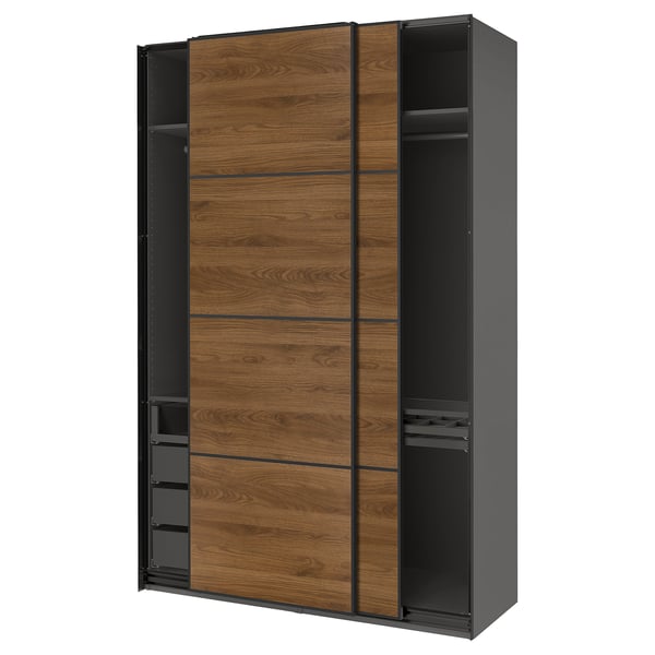 PAX / MEHAMN Kleiderschrank mit Schiebetüren, dunkelgrau schwarz/doppelseitig Nussbaum, 150x66x236 cm
