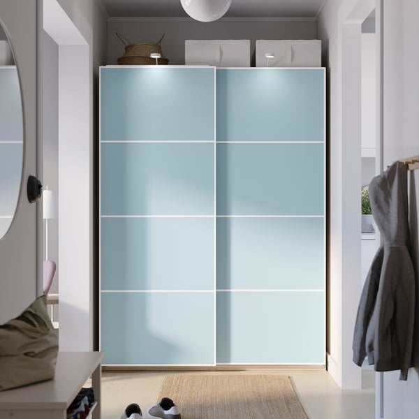 PAX / MEHAMN Kleiderschrank mit Schiebetüren, Eicheneff wlas/doppelseitig hellblau, 150x66x201 cm