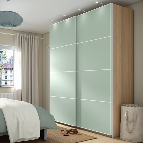PAX / MEHAMN Kleiderschrank mit Schiebetüren, Eicheneff wlas/doppelseitig hellgrün, 200x66x236 cm