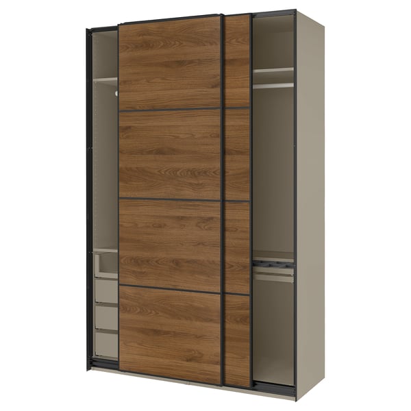PAX / MEHAMN Kleiderschrank mit Schiebetüren, graubeige schwarz/doppelseitig Nussbaum, 150x66x236 cm