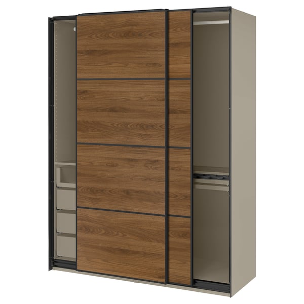 PAX / MEHAMN Kleiderschrank mit Schiebetüren, graubeige schwarz/doppelseitig Nussbaum, 150x66x201 cm