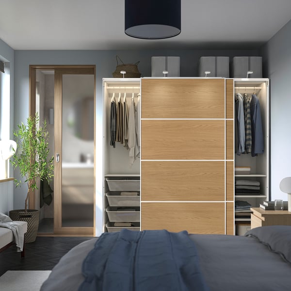 PAX / MEHAMN Kleiderschrank mit Schiebetüren, weiß weiß/doppelseitig Eichenachbildung, 200x66x201 cm