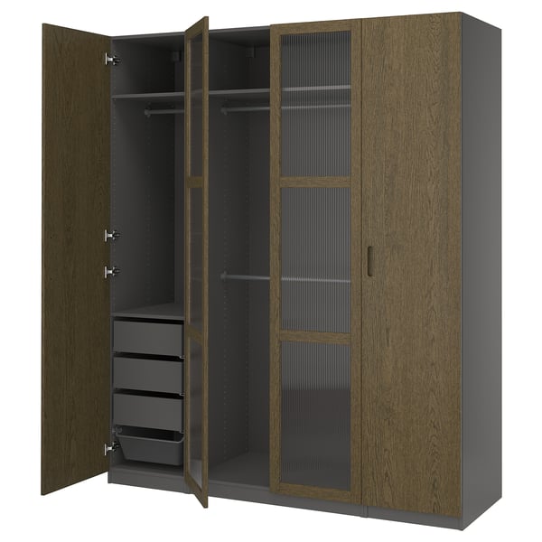 PAX / TONSTAD Schrankkombination, dunkelgrau braun/gebeiztes Eichenfurnier Glas, 200x60x236 cm