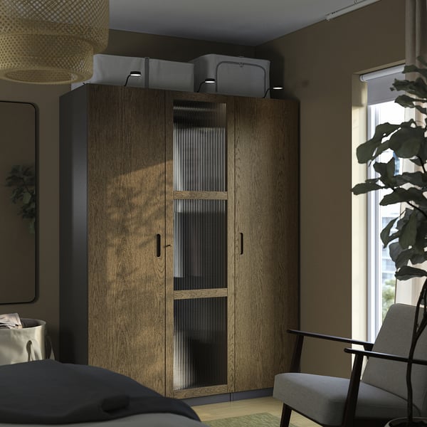 PAX / TONSTAD Schrankkombination, dunkelgrau braun/gebeiztes Eichenfurnier Glas, 150x60x201 cm
