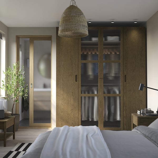 PAX / TONSTAD Schrankkombination, dunkelgrau braun/gebeiztes Eichenfurnier Glas, 200x60x236 cm