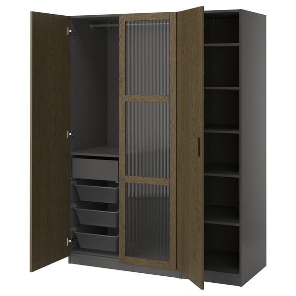 PAX / TONSTAD Schrankkombination, dunkelgrau braun/gebeiztes Eichenfurnier Glas, 150x60x201 cm
