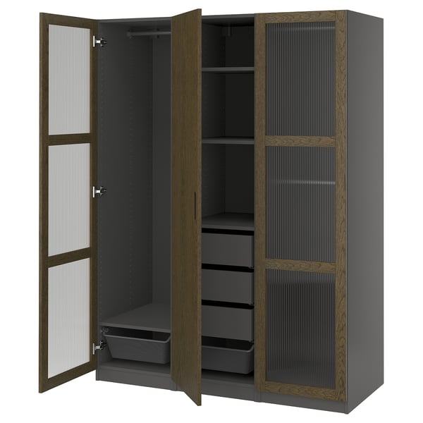 PAX / TONSTAD Schrankkombination, dunkelgrau braun/gebeiztes Eichenfurnier Glas, 150x60x201 cm