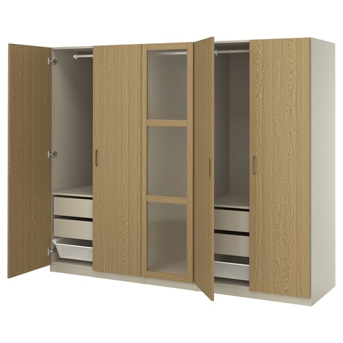 PAX / TONSTAD Schrankkombination, graubeige/Eichenfurnier Glas, 250x60x201 cm