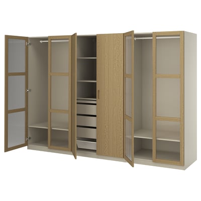 PAX / TONSTAD Schrankkombination, graubeige/Eichenfurnier Glas, 300x60x201 cm