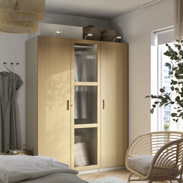 PAX / TONSTAD Schrankkombination, graubeige/Eichenfurnier Glas, 150x60x201 cm