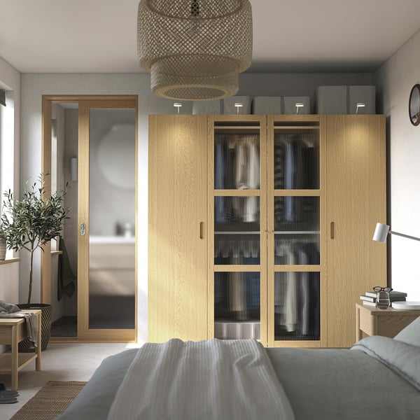 PAX / TONSTAD Schrankkombination, graubeige/Eichenfurnier Glas, 200x60x201 cm