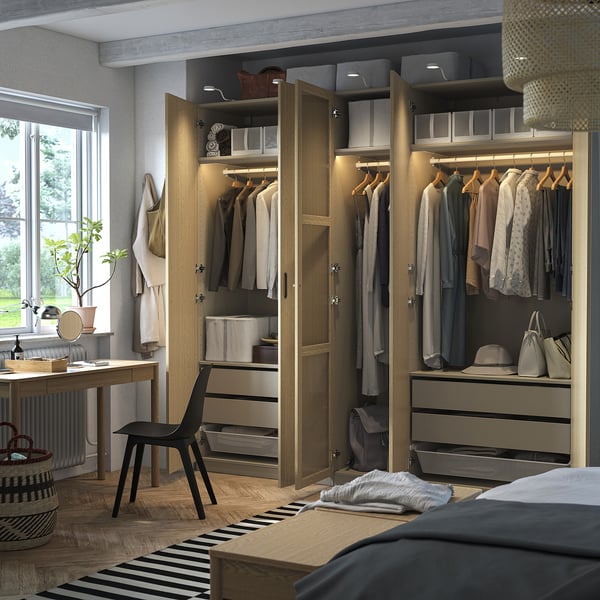 PAX / TONSTAD Schrankkombination, graubeige/Eichenfurnier Glas, 250x60x236 cm
