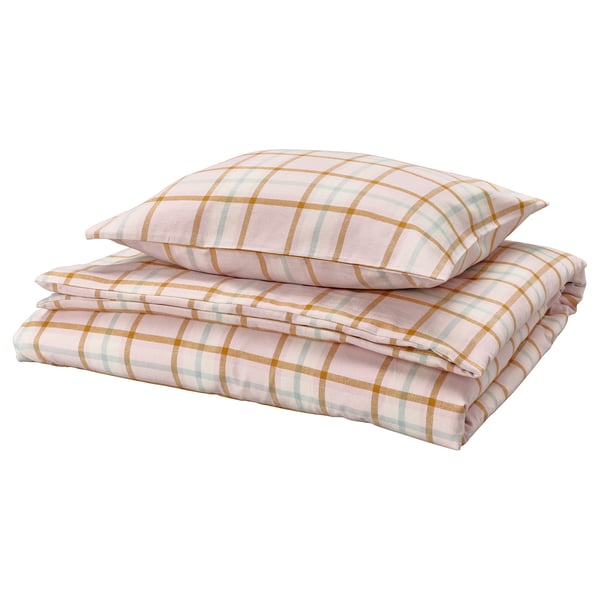 PEROVSKIA Bettwäsche-Set, 2-teilig, blassrosa/Karo, 150x200/50x60 cm