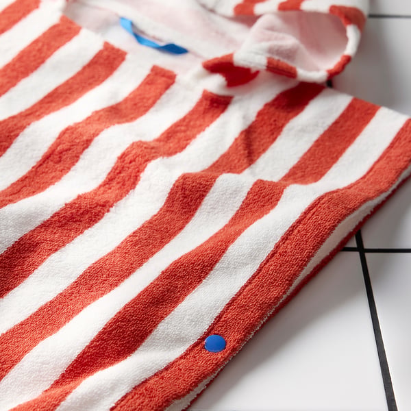 SKOGSSALLAT Badeponcho mit Kapuze, rot/weiß/gestreift, 55x70 cm
