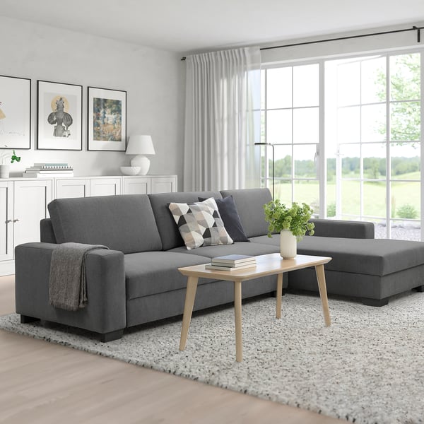 SÖRVALLEN 4er-Sofa, mit Récamiere rechts/Tallmyra mittelgrau