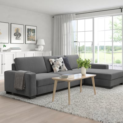 SÖRVALLEN 4er-Sofa, mit Récamiere rechts/Tallmyra mittelgrau