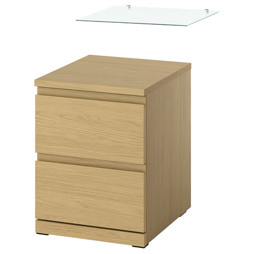 STORKLINTA Kommode mit 2 Schubladen, Eichenachbildung/mit Glasplatte, 40x50x53 cm