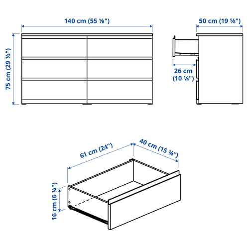 STORKLINTA Kommode mit 6 Schubladen, dunkelbraun/Eichenachbildung, 140x50x75 cm