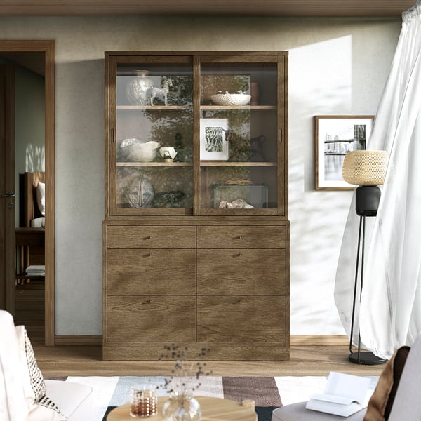 TONSTAD Aufbewahrung mit Schubladen, braun las. Eichenfurnier/Glas, 121x47x210 cm