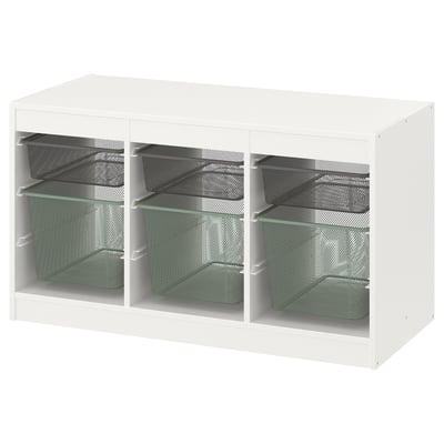 TROFAST Aufbewahrung mit Boxen, weiß dunkelgrau/hell grüngrau, 99x44x56 cm