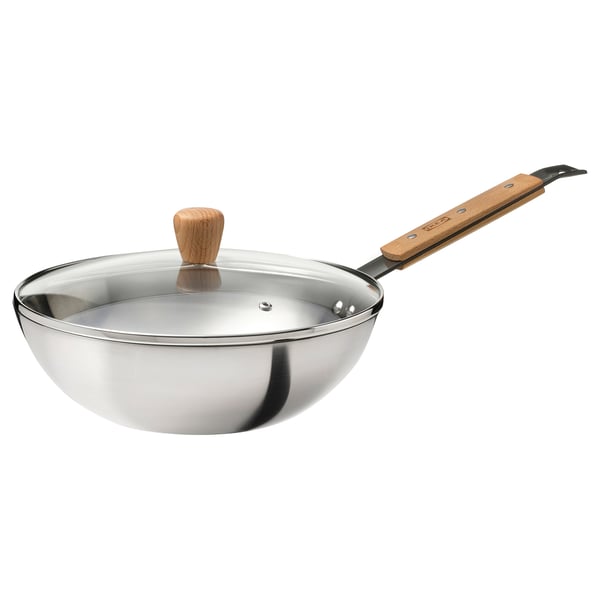 VARDAGEN Wok mit Deckel, Glas/Karbonstahl Buche, 28 cm