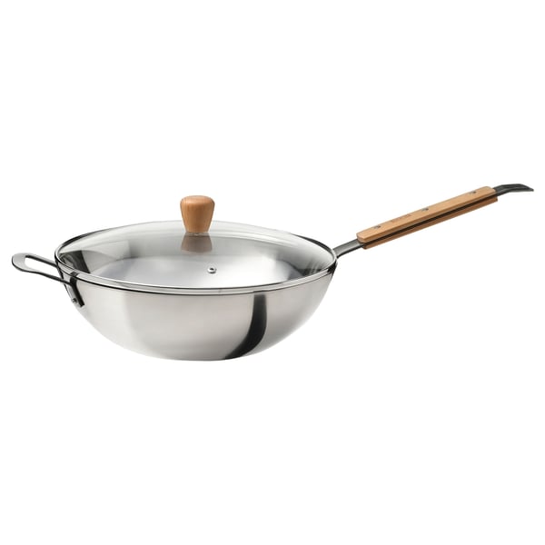 VARDAGEN Wok mit Deckel, Glas/Karbonstahl Buche, 32 cm