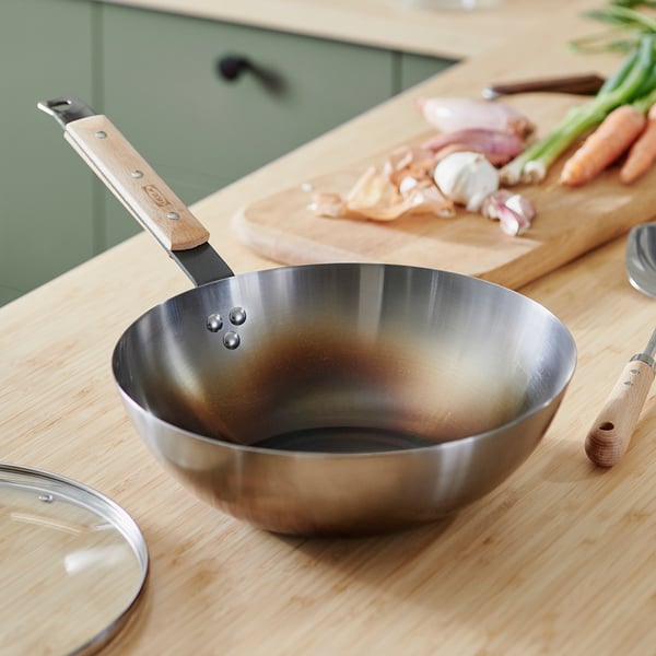VARDAGEN Wok mit Deckel, Glas/Karbonstahl Buche, 28 cm