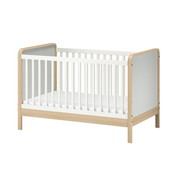 ÄLSKVÄRD white & natural wood baby cot with low base and safety guard.