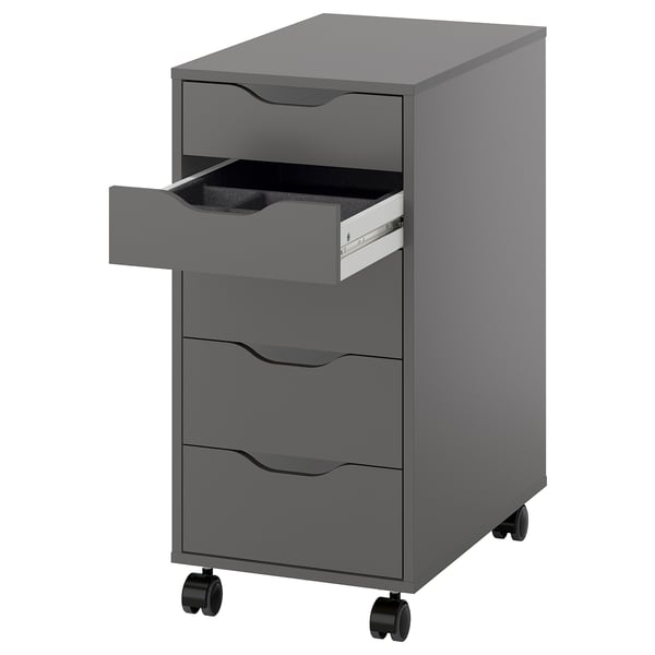 Grey rolling storage cabinet with three drawers, featuring minimalist design and plastic wheels.
