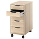 An ALEX light oak wooden drawer unit with black wheels, featuring three drawers. One drawer is open, revealing a black interior and a metal divider.