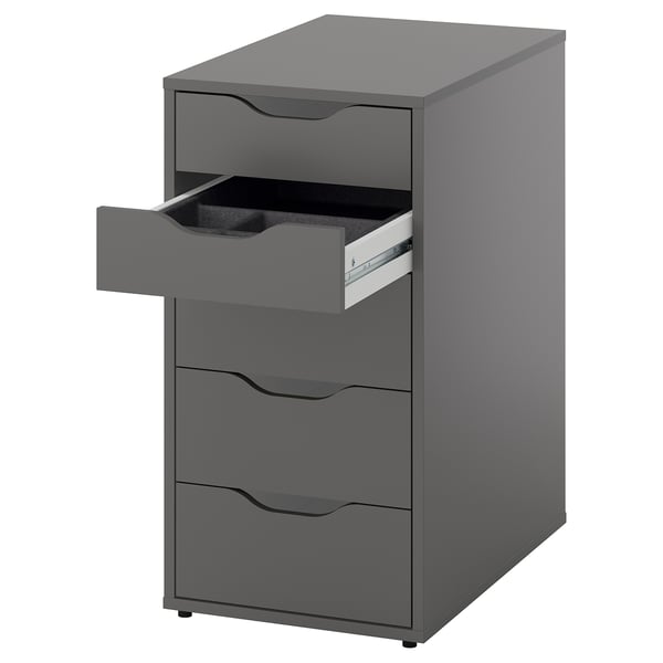 Grey three-drawer office unit, sleek design, tall and rectangular, with one drawer open, made from particleboard and acrylic paint.
