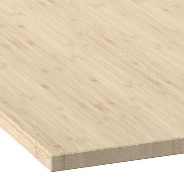Smooth bamboo countertop with natural grain, light finish; pre-cut edges for washbasin and tap.