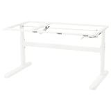 Adjustable desk frame, white, metal with plastic feet, crank handle for height.
