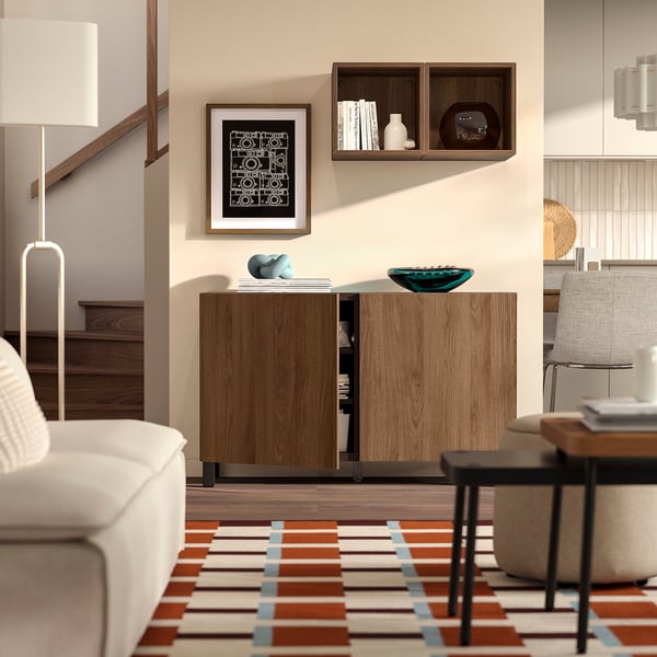 BESTÅ Storage combination with doors, black-brown Lappviken/Stubbarp/brown walnut effect, 120x42x74 cm