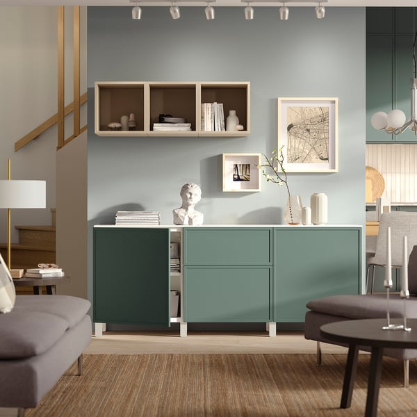 BESTÅ Storage combination with drawers, white/Krukmakare dark grey-green, 180x42x75 cm