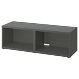 Grey BESTÅ tv bench with minimalist design, open storage compartments, and adjustable feet.