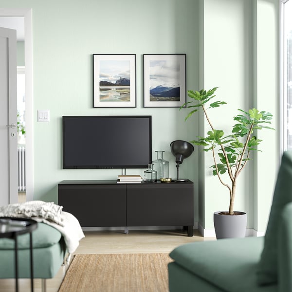Modern living room with mint-green walls, black tv unit, tv, nature photos, and a tall plant.