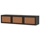 A black BESTÅ tv bench with three sections, featuring rattan-style fabric front panels, designed for cable organisation and storage.