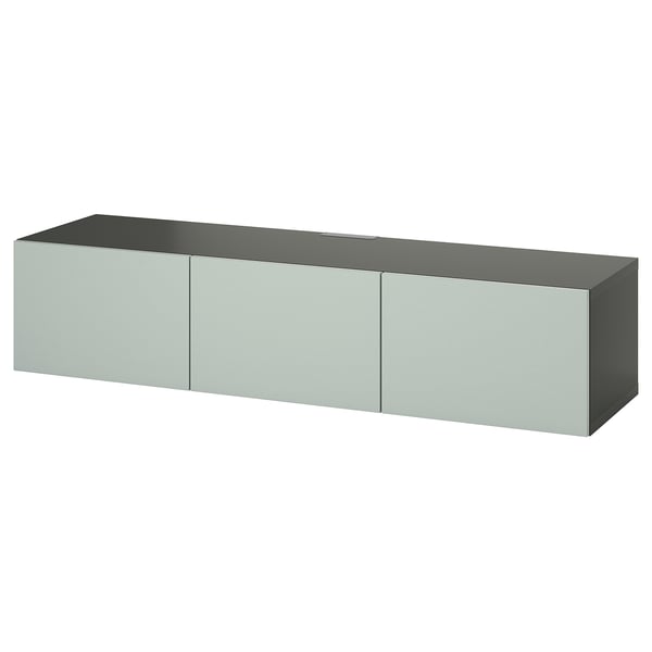 Modern grey BESTÅ tv bench, rectangular shape with sleek design, three doors, wall-mountable for cable management.