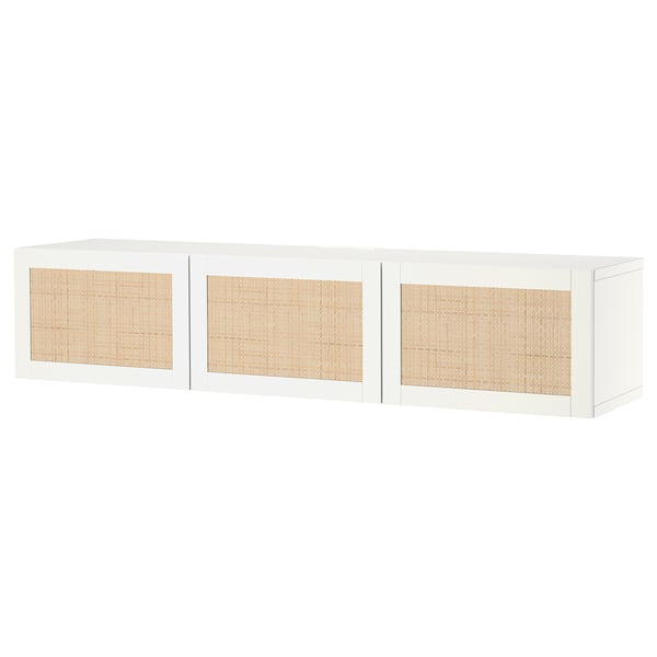 A white BESTÅ tv bench with woven panels. It offers storage with adjustable shelves and cable management.