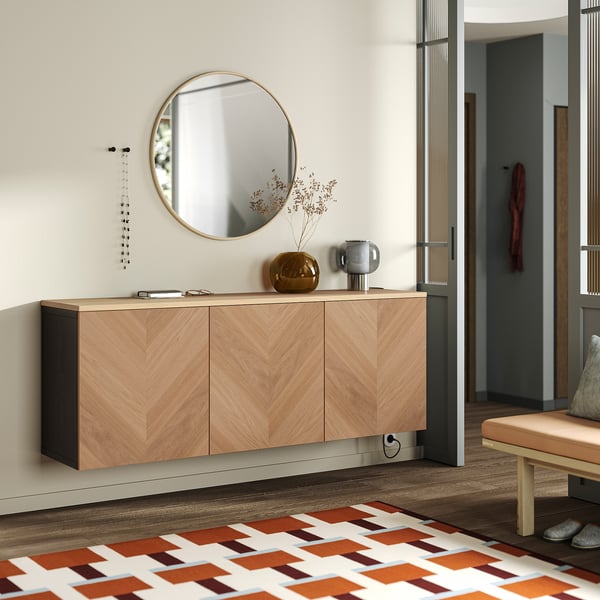 BESTÅ Wall-mounted cabinet combination, black-brown Hedeviken/oak veneer, 180x42x66 cm